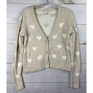 Sincerely Jules Sweater Womens M Beige Hearts Cropped V Neck Button Soft Stretch